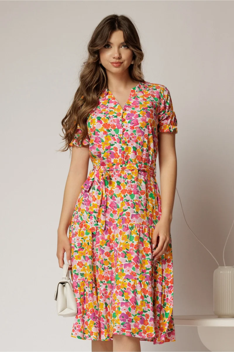 Rochie midi din viscoza cu imprimeu floral roz oranj
