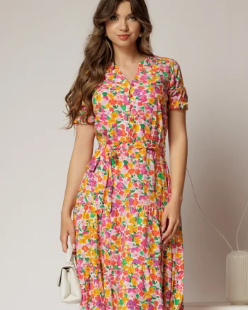 Rochie midi din viscoza cu imprimeu floral roz oranj