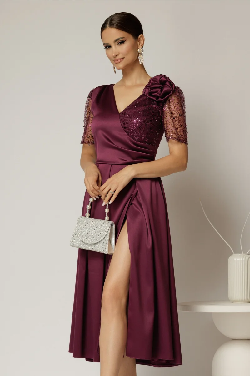 Rochie midi mov de ocazie din tafta si paiete