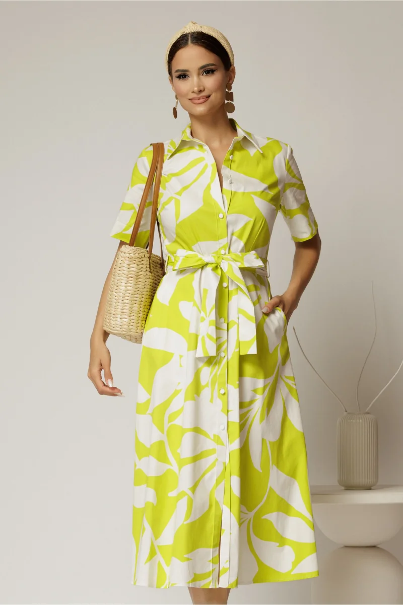 Rochie midi alba cu imprimeu verde neon tip camasa din poplin cu cordon in talie