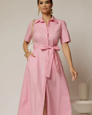 Rochie midi roz tip camasa din poplin cu cordon in talie