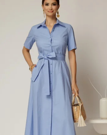 Rochie midi bleu tip camasa din poplin cu cordon in talie