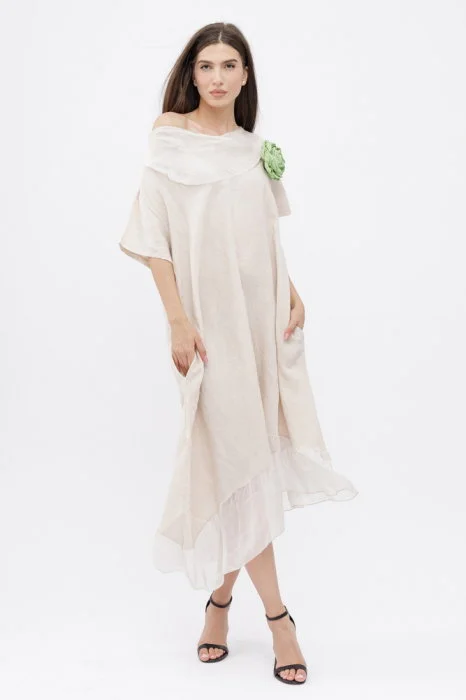 Rochie bej usor asimetrica A-line, din in cu guler si volan din matase, oversize