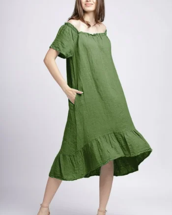 Rochie in colturi din in verde oliv, cu decolteu pe elastic si volan la poale
