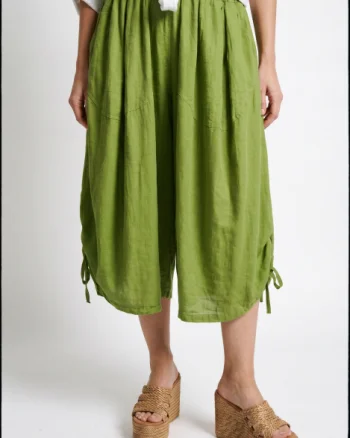 Pantaloni 3 4 marimi mari din in si vascoza cu croi balon, verde olive