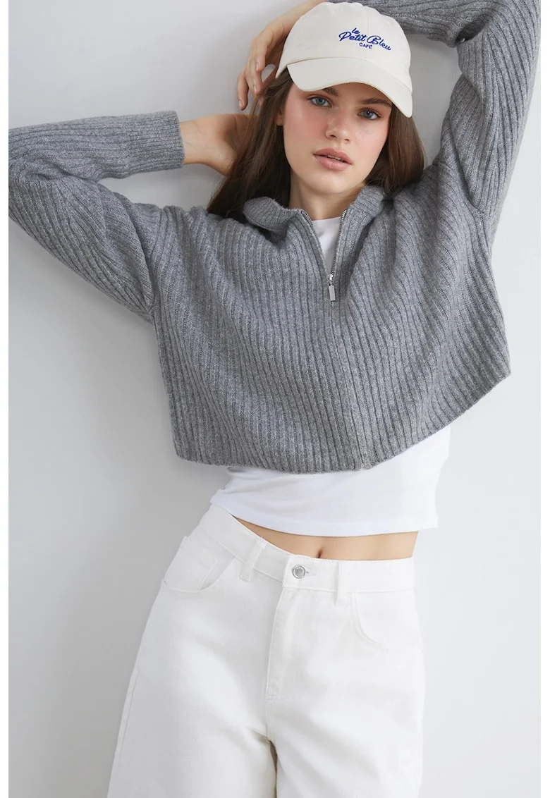 Cardigan crop cu gluga din amestec de lana, Gri melange