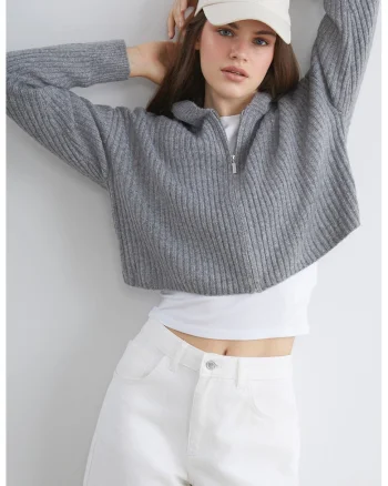 Cardigan crop cu gluga din amestec de lana, Gri melange