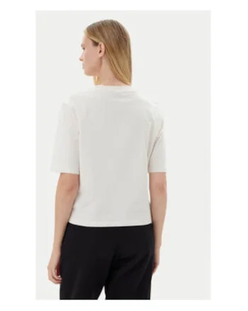 Tricou bumbac cu model uni si decolteu la baza gatului, Ecru