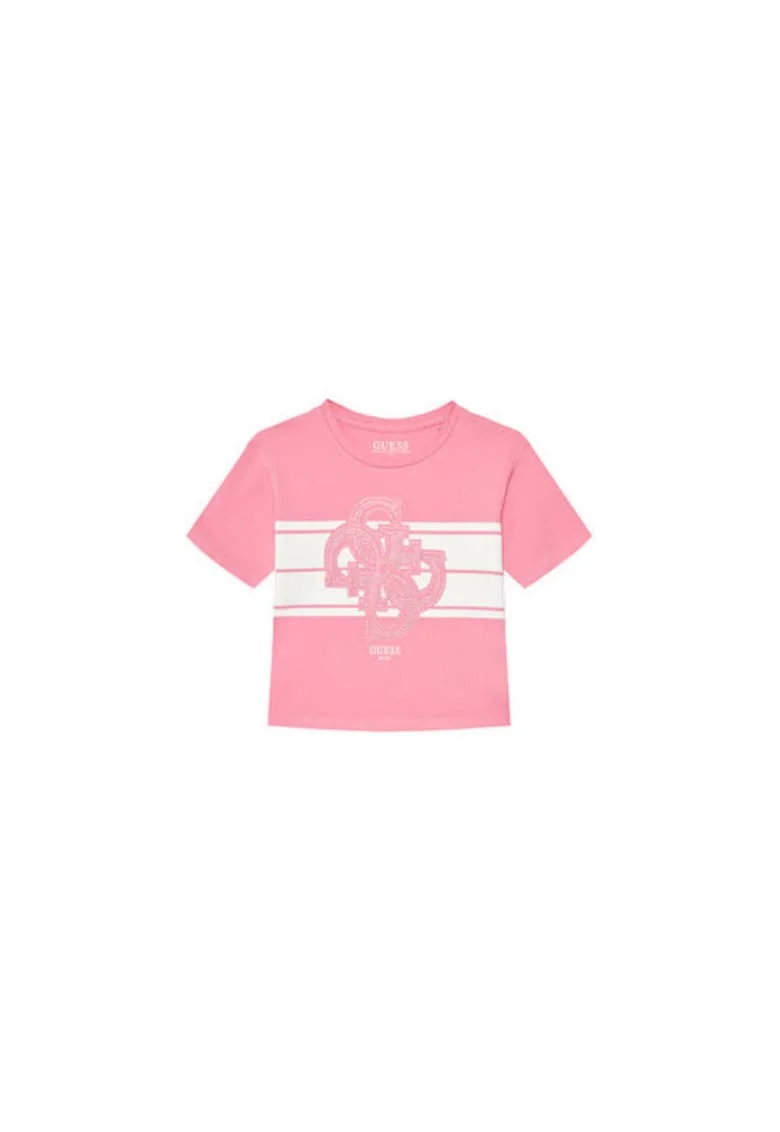 Tricou din amestec de bumbac organic cu logo din strasuri, Roz