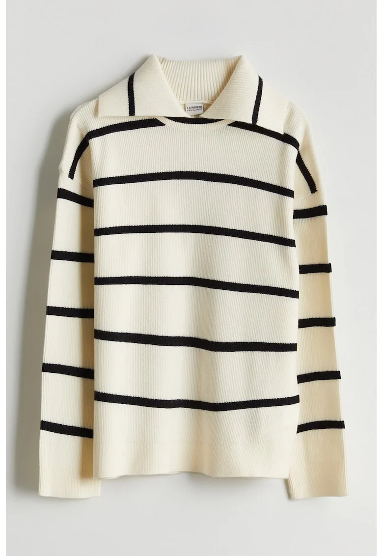 Bluza polo cu model in dungi, Alb fildes/Negru