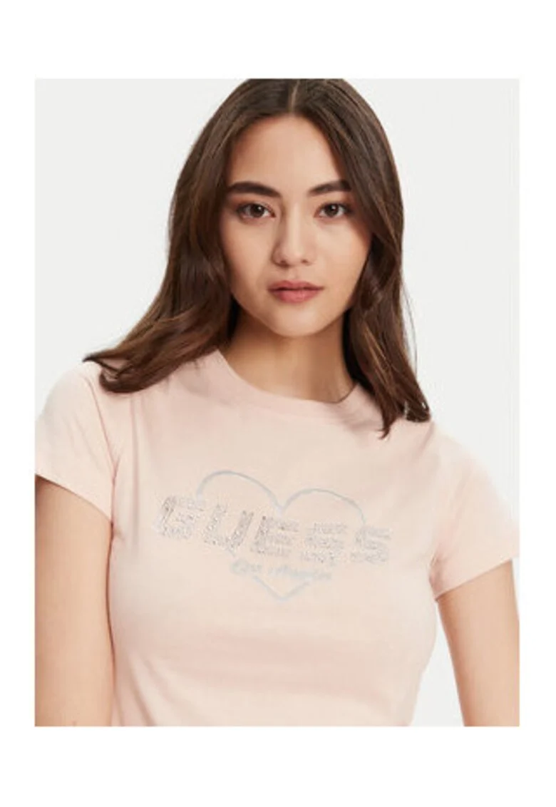 Tricou cu imprimeu inima si strasuri, Roz pal