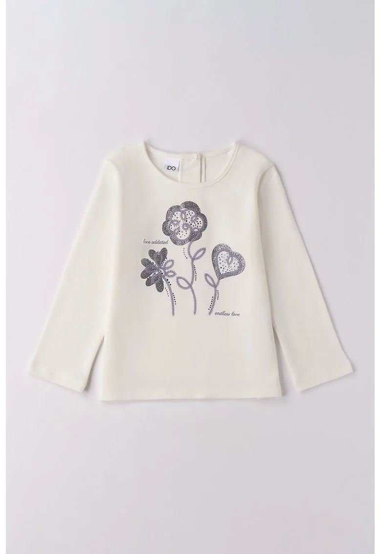 Bluza cu decolteu rotund si model floral, Crem