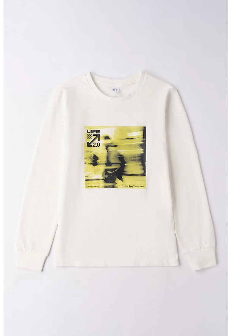 Bluza cu imprimeu si decolteu la baza gatului, Galben/Crem