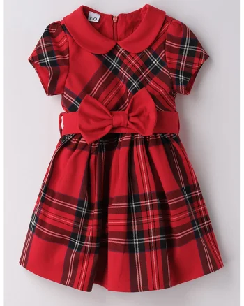 Rochie in carouri cu croiala in A si funda, Rosu