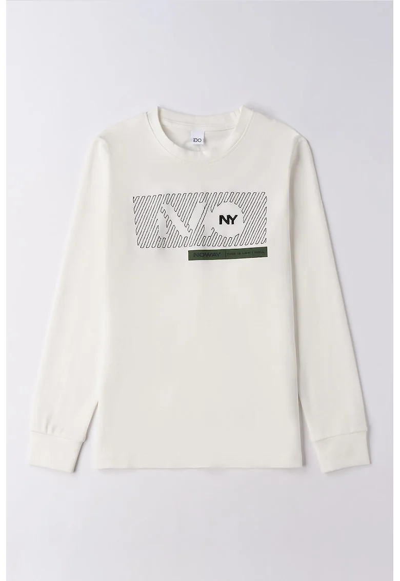 Bluza cu imprimeu si decolteu la baza gatului, Crem