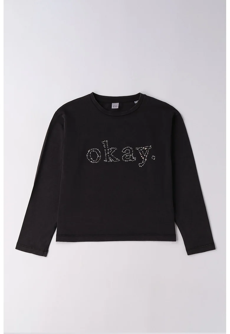 Bluza din amestec de bumbac cu text decorat cu strasuri, Negru