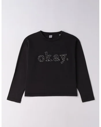 Bluza din amestec de bumbac cu text decorat cu strasuri, Negru