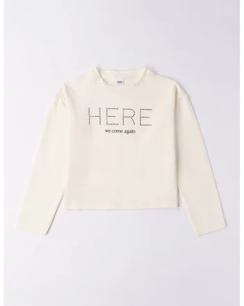 Bluza din amestec de bumbac cu strasuri, Crem