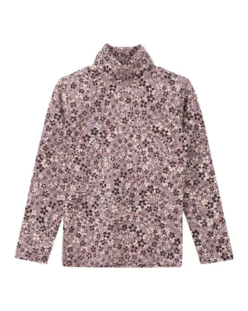 Bluza cu guler inalt si model floral, Violet tyrian/Roz prafuit