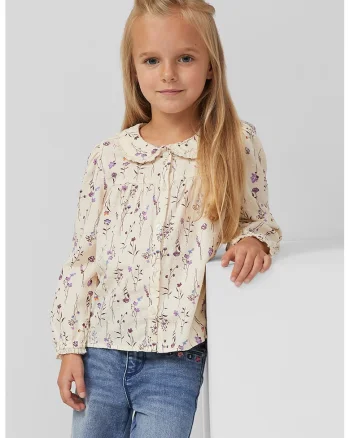 Camasa cu guler cu volane si model floral, Bej/Violet tyrian