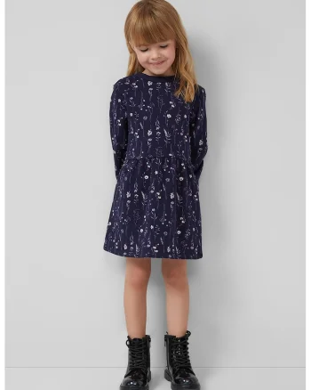 Rochie cu decolteu la baza gatului si model floral, Lila/Albastru indigo