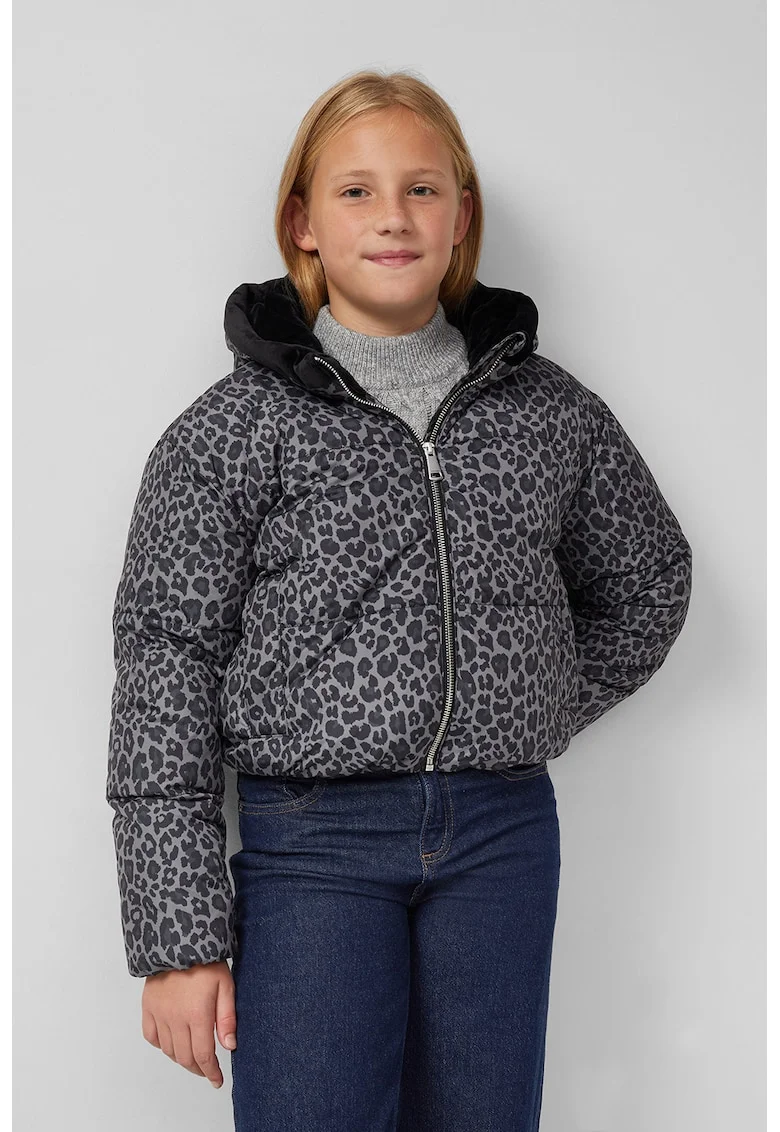Geaca matlasata crop cu animal print, Gri/Gri antracit