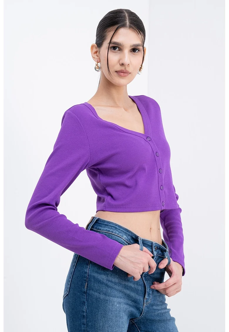 Cardigan crop cu decolteu in V, Violet