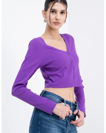 Cardigan crop cu decolteu in V, Violet
