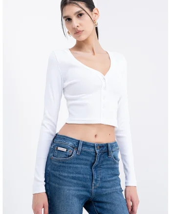 Cardigan crop cu decolteu in V, Alb