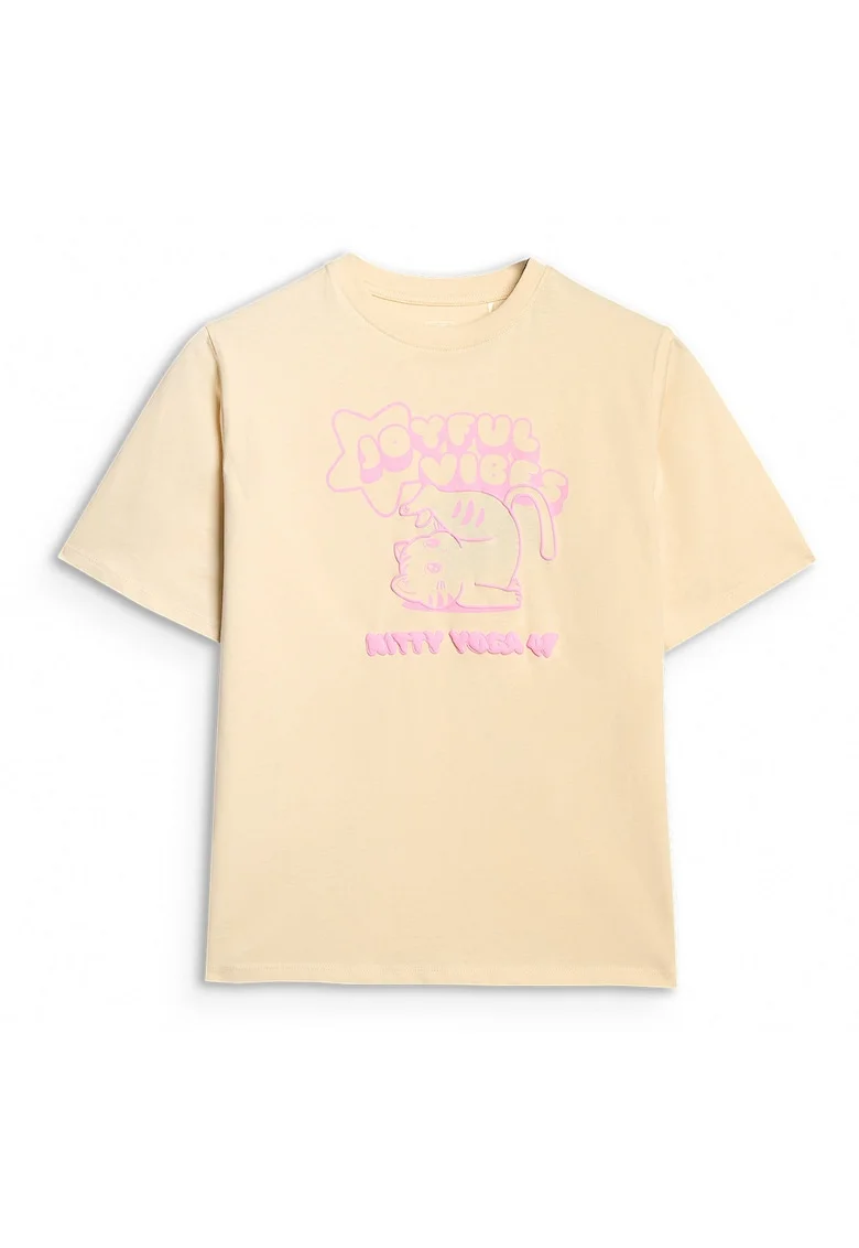 Tricou Oversize Fete  Junior, Bumbac, Imprimeu - 32687, Crem