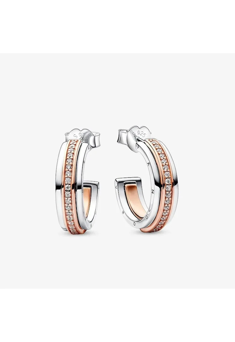 Cercei  rotunzi pave cu logo Signature in doua tonuri Zirconiu - Argint 925 si Aur Roz 14k