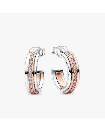 Cercei  rotunzi pave cu logo Signature in doua tonuri Zirconiu - Argint 925 si Aur Roz 14k