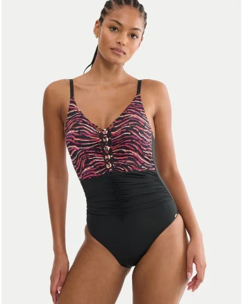 Costum de baie dama,  negru, animal print, poliamida-elastan, Negru/Maro