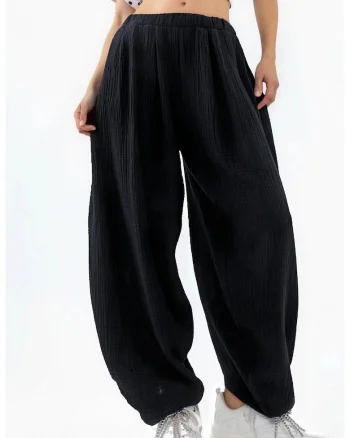 Pantaloni dama,  croiala larga, talie elastica, negru, bumbac-elastan
