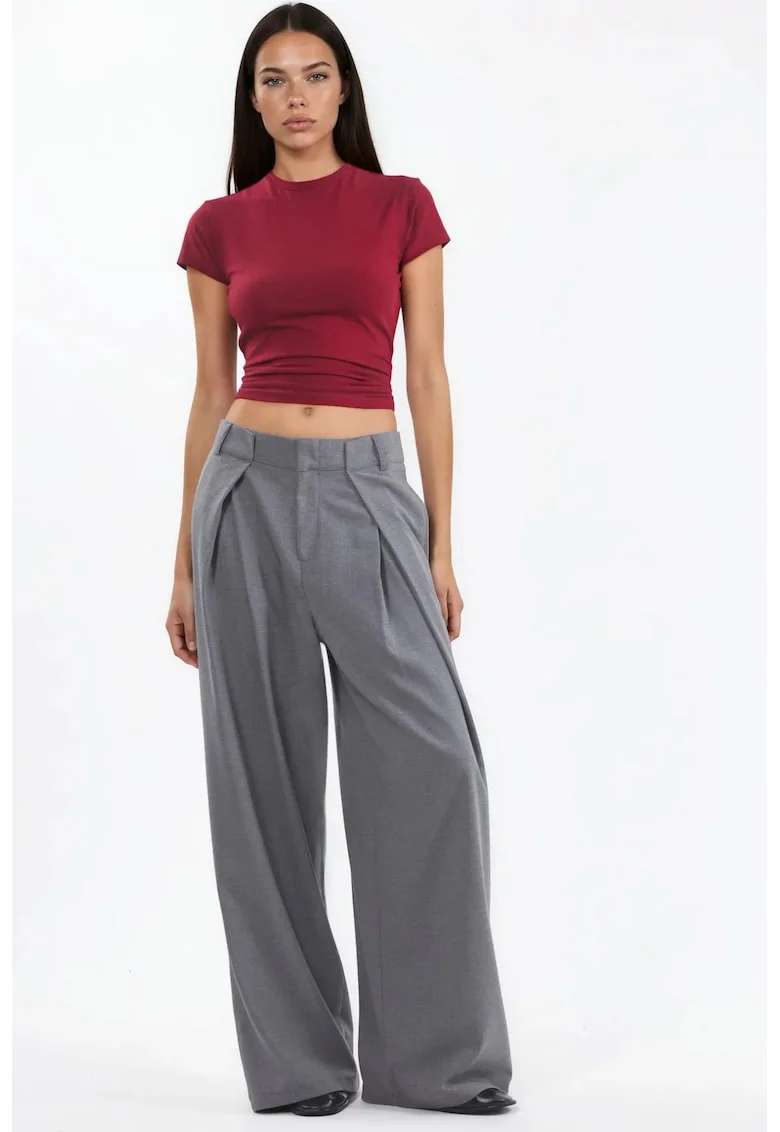 Pantaloni dama,  Palazzo, talie inalta, picior larg, gri, poliester-viscoza-elastan