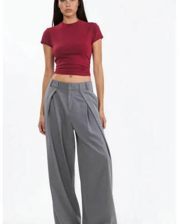 Pantaloni dama,  Palazzo, talie inalta, picior larg, gri, poliester-viscoza-elastan