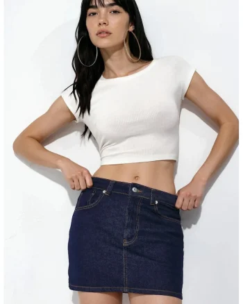 Fusta-pantalon  denim albastru inchis, fermoar, 99% bumbac