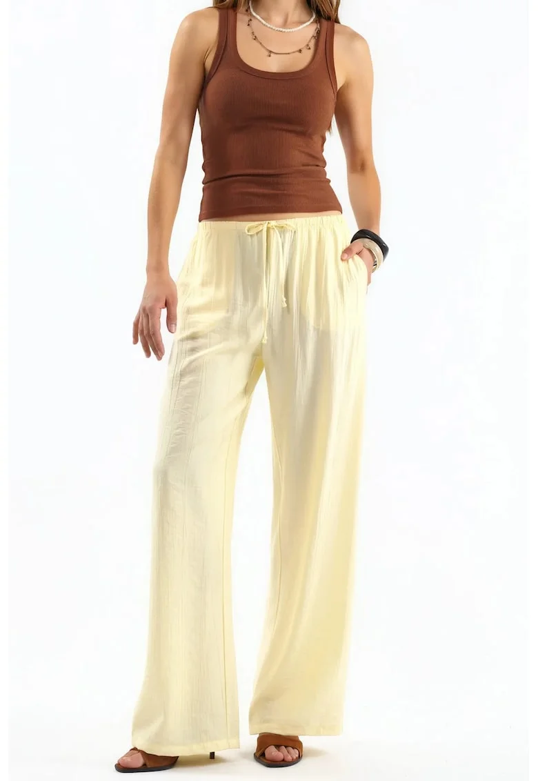 Pantaloni dama,  tesuti, casual, galben lamaie, 100% poliester