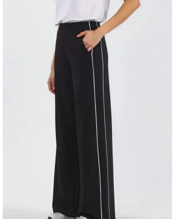 Pantaloni dama,  picior larg, detaliu contrastant, negru, modal