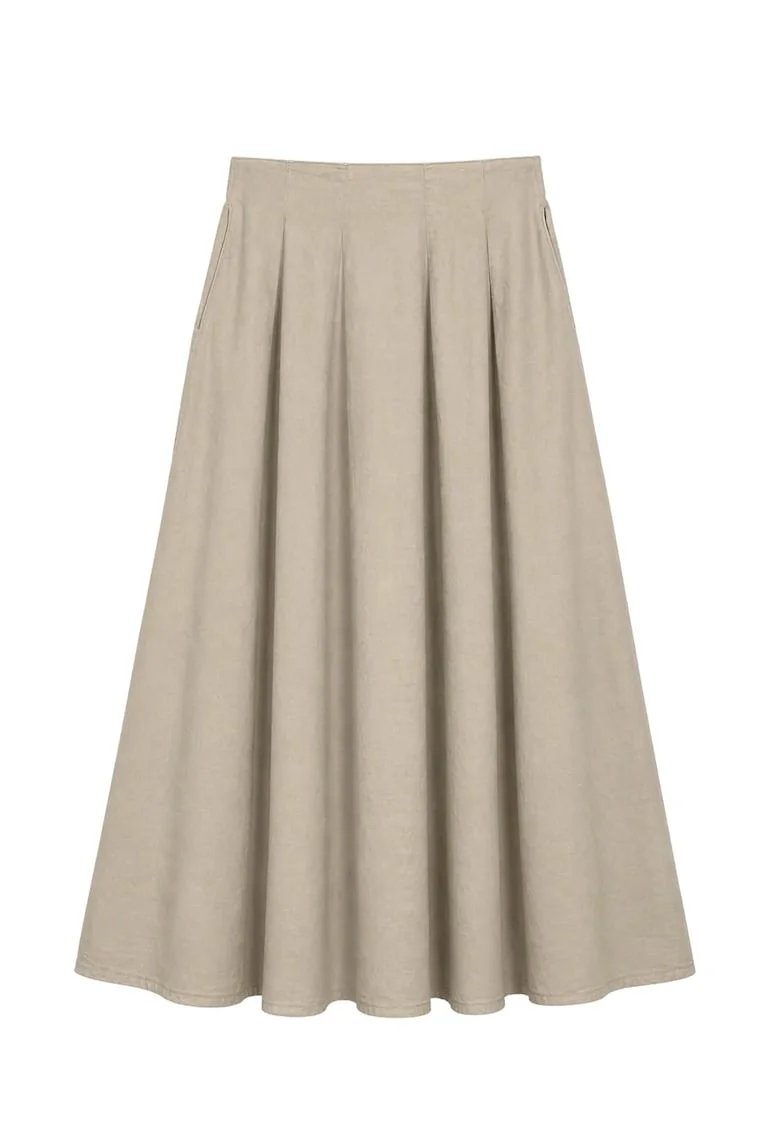 Fusta Midi  talie inalta, bej natural, bumbac