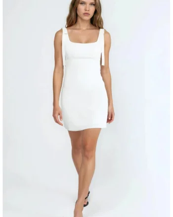 Rochie Mini  eleganta, alba, cu decolteu patrat, fermoar, bumbac, poliester