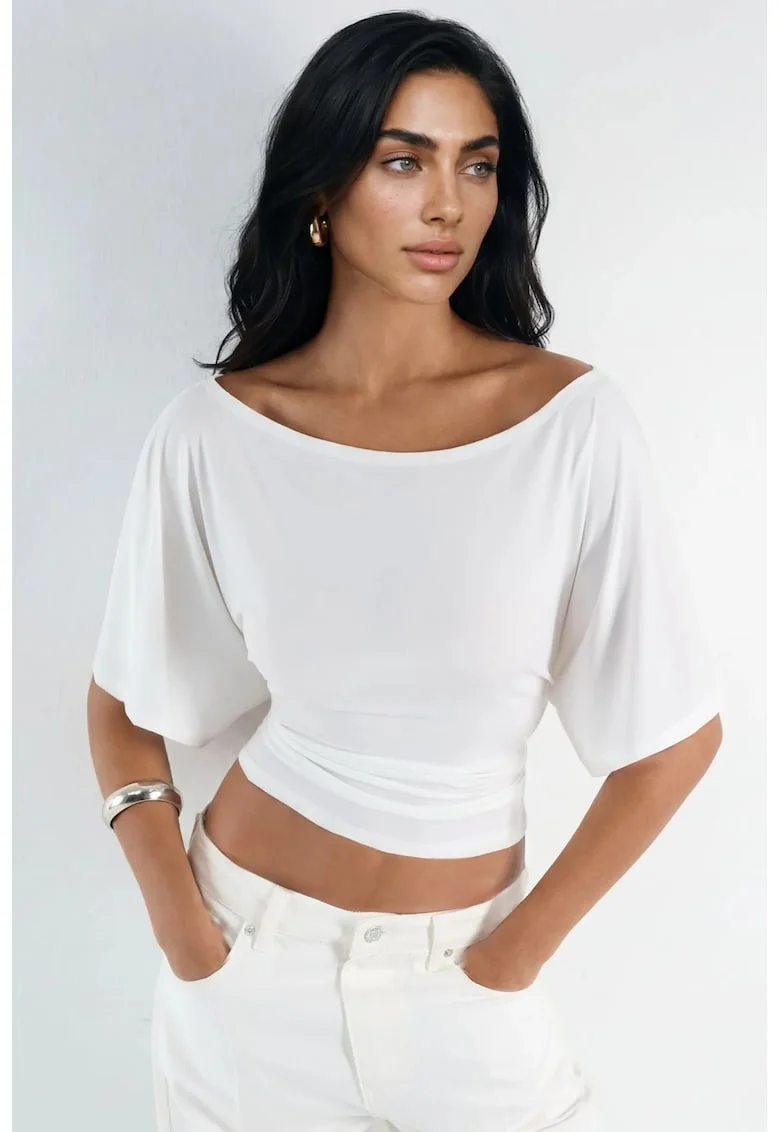Tricou dama,  top tricotat, maneca scurta, alb, poliester/elastan