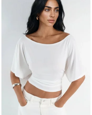 Tricou dama,  top tricotat, maneca scurta, alb, poliester/elastan