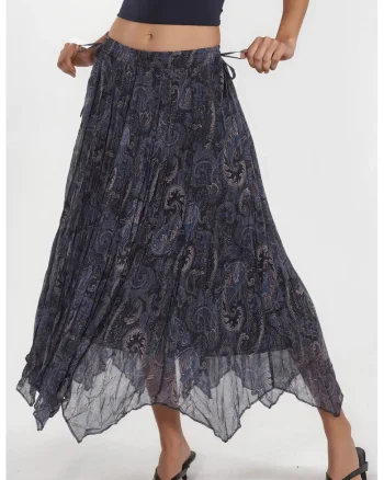 Fusta Midi  Paisley, Albastru Marin, Poliester