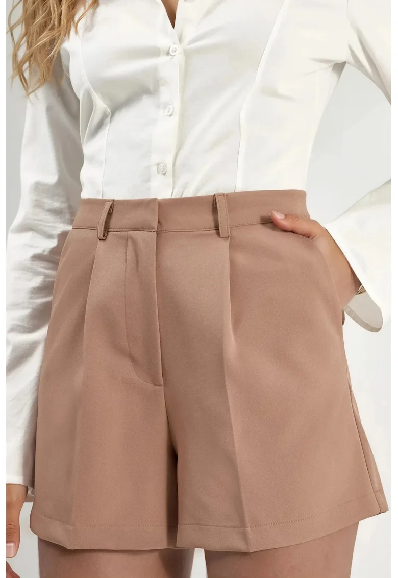 Pantaloni scurti dama  mini, talie inalta, picior larg, maro camel, poliester-elastan