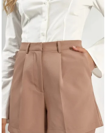 Pantaloni scurti dama  mini, talie inalta, picior larg, maro camel, poliester-elastan