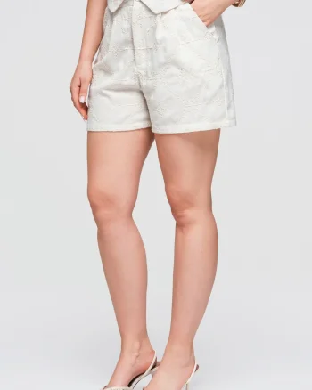 Pantaloni scurti dama cu talie inalta, croi lejer, cu broderie si buzunare OW-ST-E0019, Bej,