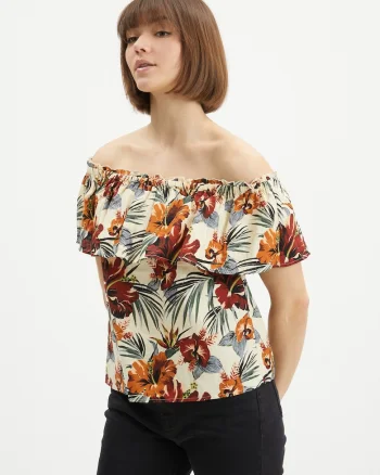 Bluza pe umeri din amestec de in floral Abell,