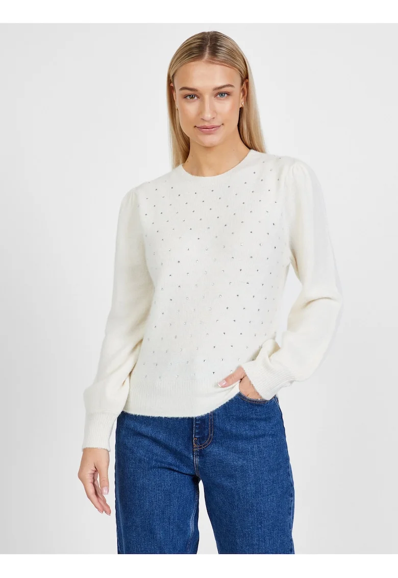 Pulover din amestec de lana cu strasuri si decolteu la baza gatului