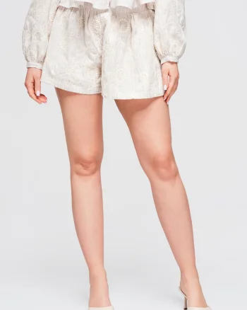 Pantaloni scurti dama cu talie inalta si aplicatii brodate, relaxati OW-ST-E0012, Bej